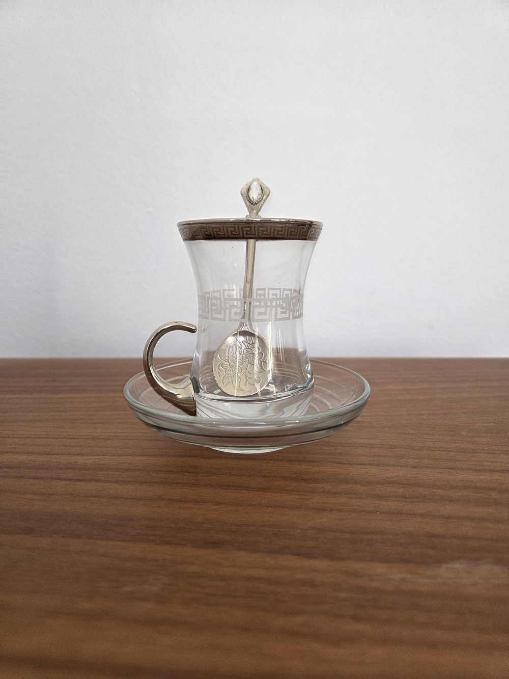Gold-Trim Glass Tea Cup and Saucer Set with Spoon